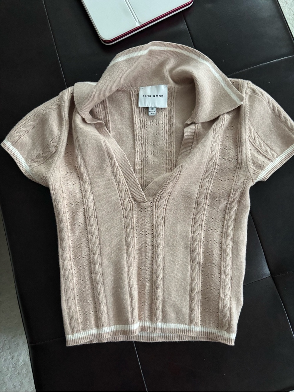 Ribbed Knit V-Neck Polo Crop Top in Beige - Picture 3 of 5